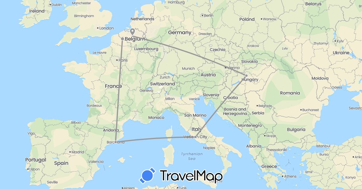 TravelMap itinerary: driving, plane in Belgium, Spain, France, Hungary, Italy (Europe)